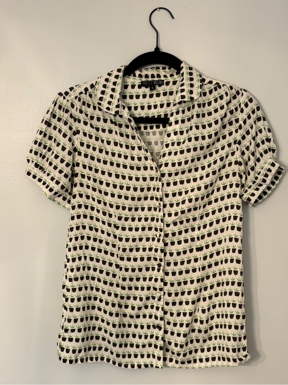 Short Sleeve Button-Down Shirt in White with Black and Green Print